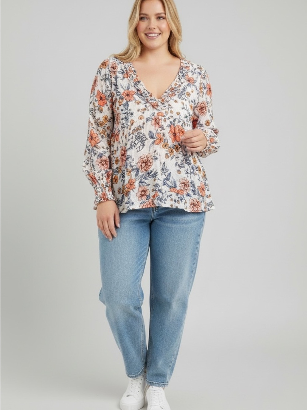Lucky Brand White Floral V-Neck Blouse with Orange and Navy Print